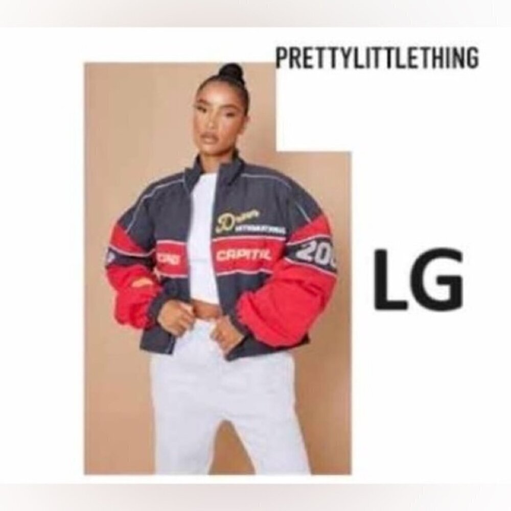 🩷 PrettyLittleThing - Ladies, Red Oversized Slogan Zipped Racer Bomber Jacket- L